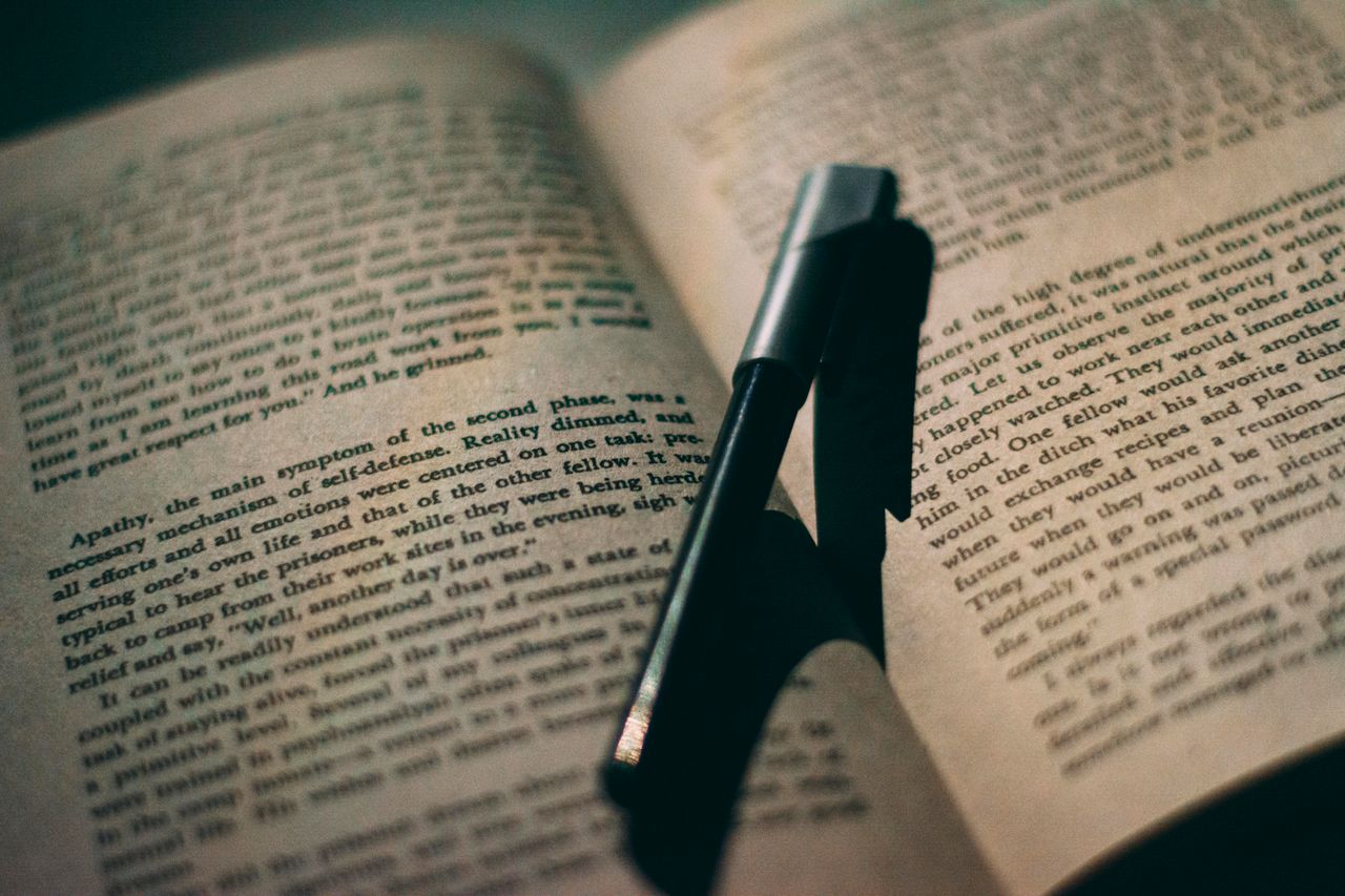 Home Close-up of a ballpoint pen resting between the pages of an open book, perfect for education or reading themes.